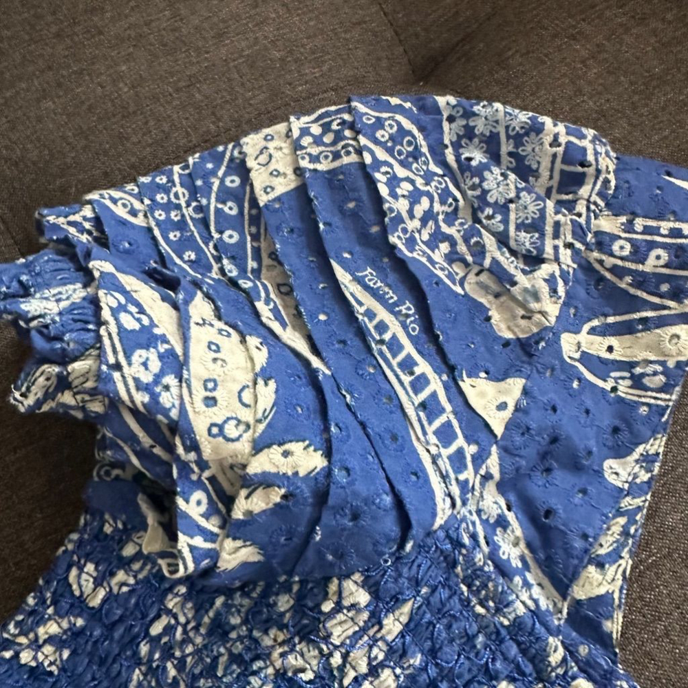 Farm Rio Blue Floral Banana Smocked Puff Sleeve Summer Dress Size L - Picture 6 of 8